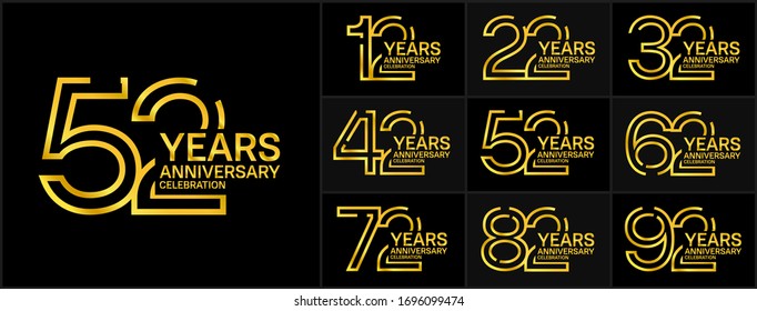 Set of anniversary logotype. Golden anniversary celebration isolated on black background for booklet, leaflet, magazine, brochure poster, web, invitation or greeting card. Vector illustration