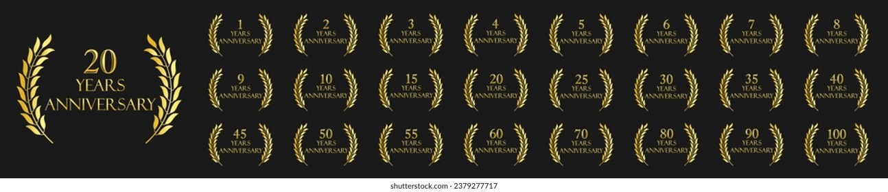 Set of anniversary logotype. Golden anniversary celebration emblem design for company. Vector illustration.