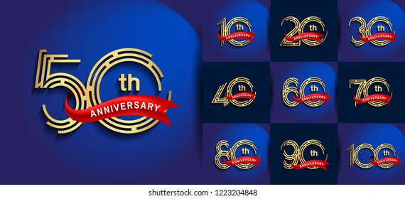 Set of Anniversary logotype golden color, anniversary design with red ribbon for booklet, leaflet,invitation card, magazine, poster, web, greeting card of celebration event