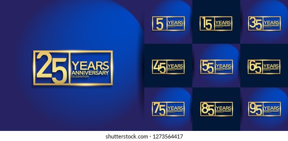 set of anniversary logotype golden color on square isolated on blue background for precious moment 