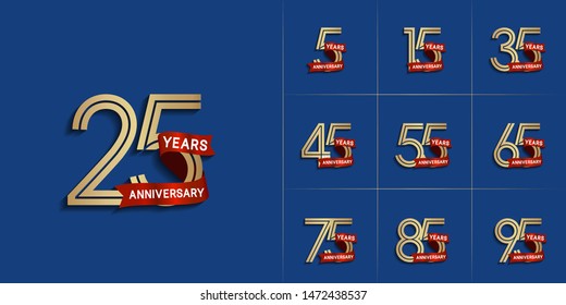 set of anniversary logotype with golden color and red ribbon for celebration purpose and special moment