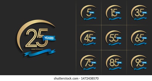 set of anniversary logotype with golden color and blue ribbon for celebration purpose and special moment
