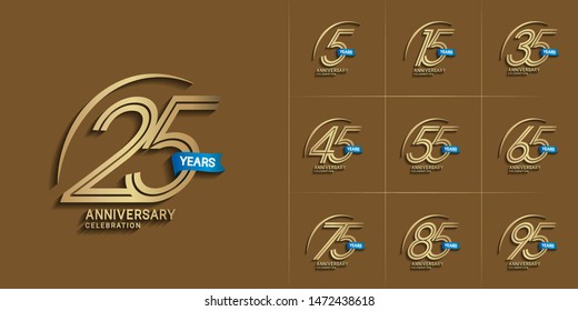 set of anniversary logotype with golden color and blue ribbon for celebration purpose and special moment