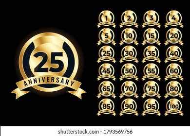 Set of anniversary logotype and  golden color for celebration event, wedding, greeting card, and invitation.