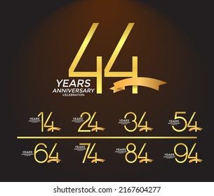 set of anniversary logotype golden color with golden ribbon on brown background for celebration