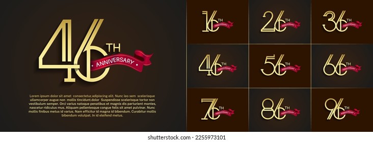 set of anniversary logotype golden color with red ribbon on brown color background for special celebration event