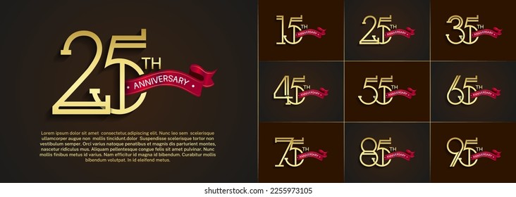 set of anniversary logotype golden color with red ribbon on brown color background for special celebration event