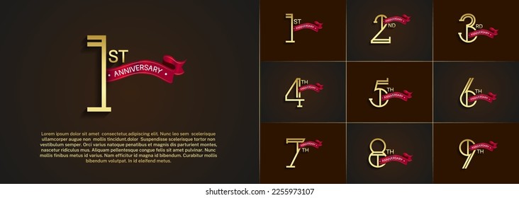 set of anniversary logotype golden color with red ribbon on brown color background for special celebration event