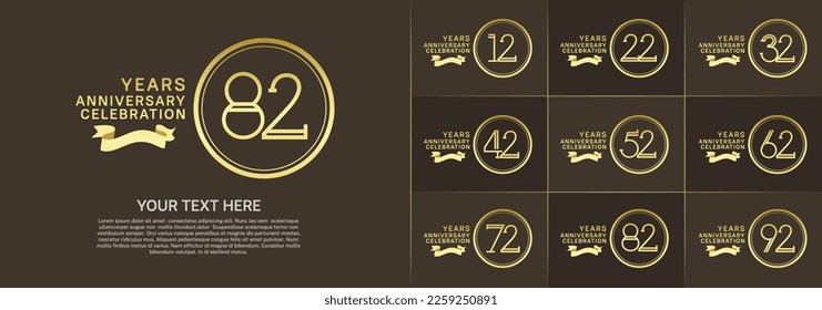 set of anniversary logotype golden color in circle and ribbon for special celebration event
