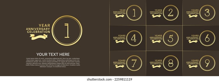 set of anniversary logotype golden color in circle and ribbon for special celebration event