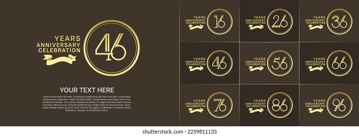 set of anniversary logotype golden color in circle and ribbon for special celebration event