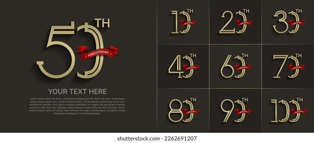 set of anniversary logotype golden color with red ribbon for special celebration event