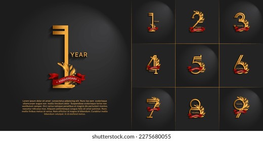 set of anniversary logotype golden color, ornament and red ribbon for special celebration event