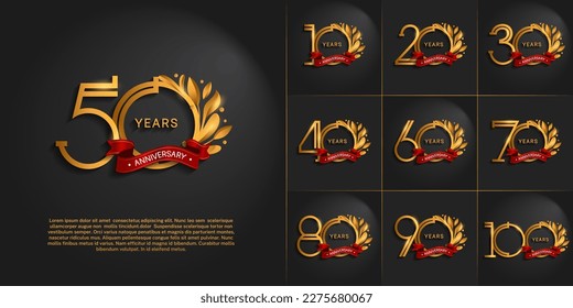 juego de aniversario logotipo color dorado, ornamento y cinta roja para celebración especial