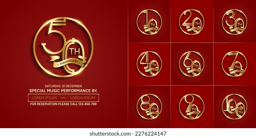 set of anniversary logotype golden color in circle and ribbon for special celebration event