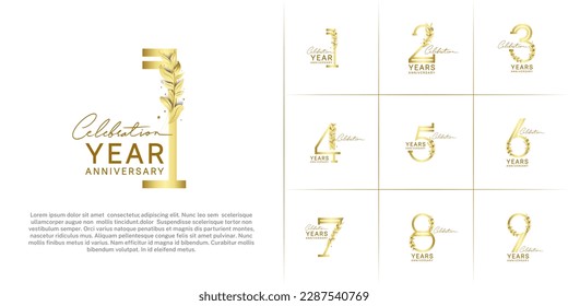 set of anniversary logotype golden color with golden leaf for special celebration event