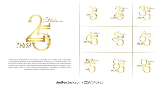 set of anniversary logotype golden color with golden leaf for special celebration event