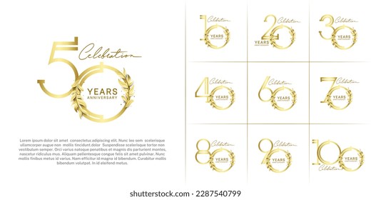 set of anniversary logotype golden color with golden leaf for special celebration event