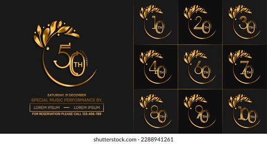 set of anniversary logotype golden color with swoosh and ornament for special celebration event