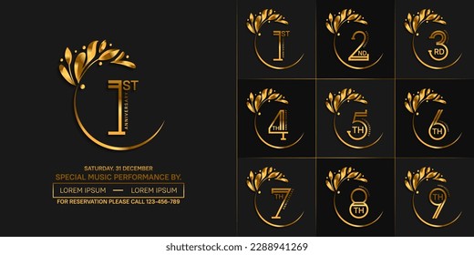 set of anniversary logotype golden color with swoosh and ornament for special celebration event