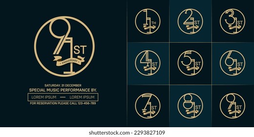 set of anniversary logotype golden color in circle with ribbon for celebration