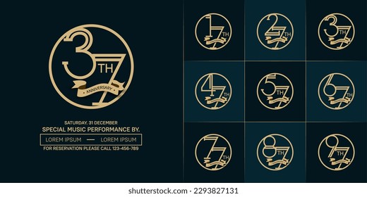 set of anniversary logotype golden color in circle and ribbon for special celebration event