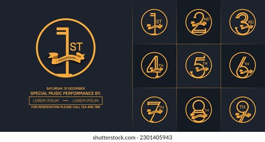 set of anniversary logotype golden color in circle and ribbon for special celebration event