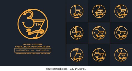 set of anniversary logotype golden color in circle and ribbon for special celebration event