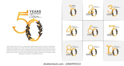 set of anniversary logotype golden color with black leaf for special celebration event