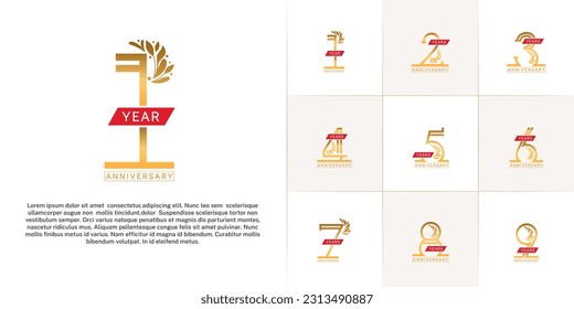 set of anniversary logotype golden color with ornament and red ribbon for special celebration event