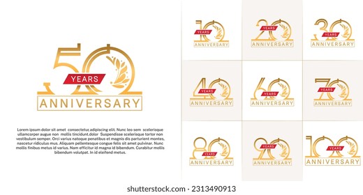 set of anniversary logotype golden color with ornament and red ribbon for special celebration event