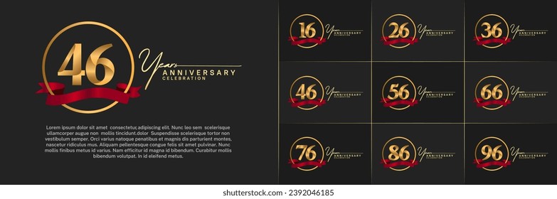 Set of Anniversary Logotype golden color with ring and red ribbon can be use for special day celebration