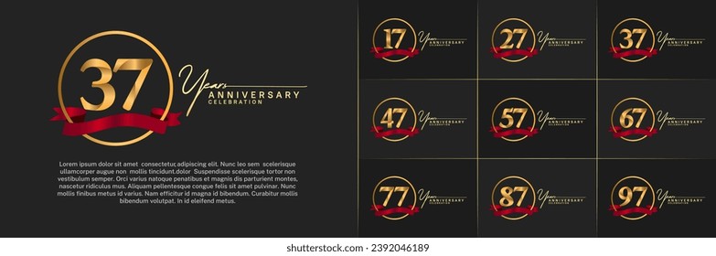 Set of Anniversary Logotype golden color with ring and red ribbon can be use for special day celebration
