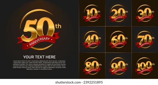 Set of Anniversary Logotype golden color with red ribbon can be use for special day celebration