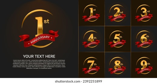 Set of Anniversary Logotype golden color with red ribbon can be use for special day celebration