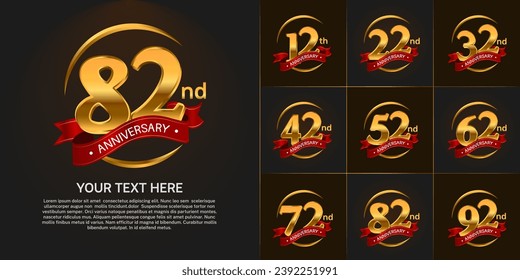 Set of Anniversary Logotype golden color with red ribbon can be use for special day celebration