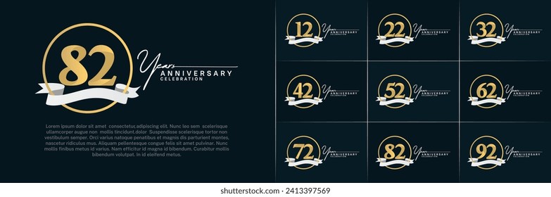 Set of Anniversary Logotype golden color with ring and white ribbon can be use for special day celebration