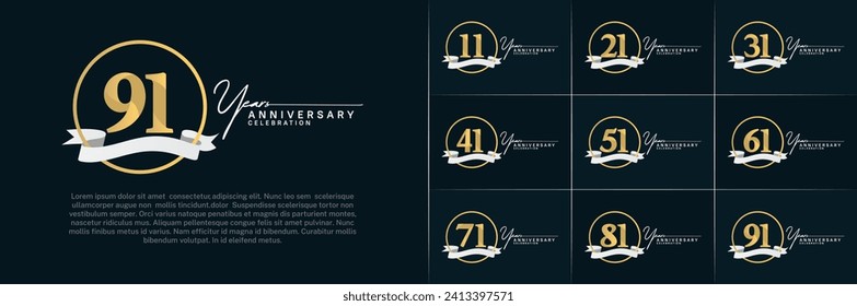 Set of Anniversary Logotype golden color with ring and white ribbon can be use for special day celebration