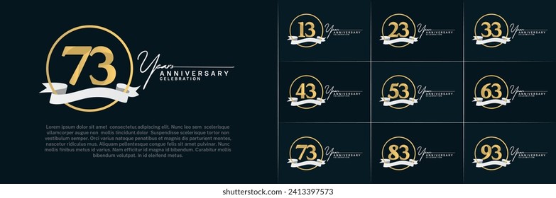 Set of Anniversary Logotype golden color with ring and white ribbon can be use for special day celebration