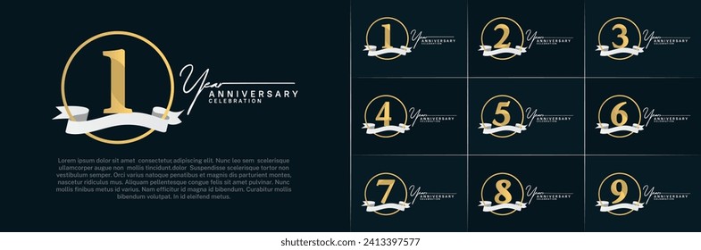 Set of Anniversary Logotype golden color with ring and white ribbon can be use for special day celebration