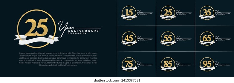 Set of Anniversary Logotype golden color with ring and white ribbon can be use for special day celebration