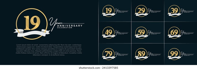Set of Anniversary Logotype golden color with ring and white ribbon can be use for special day celebration