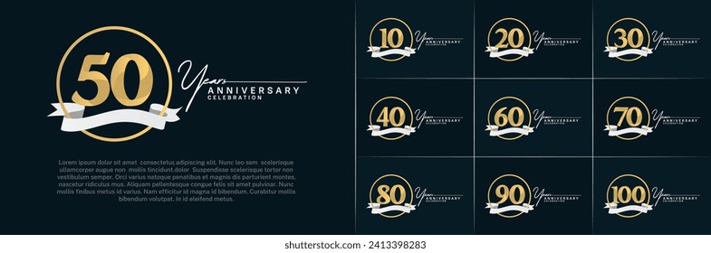 Set of Anniversary Logotype golden color with ring and white ribbon can be use for special day celebration