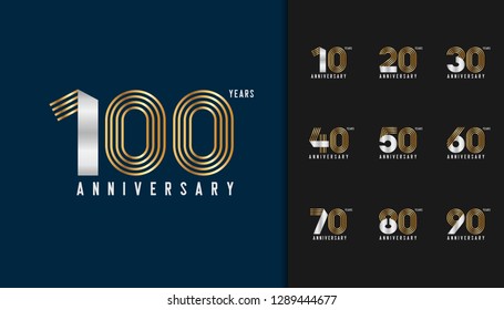 Set of anniversary logotype. Golden and silver anniversary celebration emblem design for company profile, booklet, leaflet, magazine, brochure, invitation or greeting card. Vector illustration.