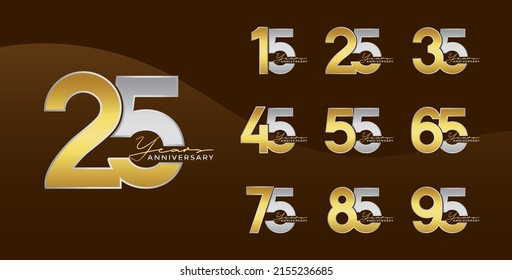 Set of Anniversary logotype golden silver color with brown background for celebration