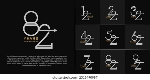 conjunto de logotipos de aniversario oro y color plata con flecha para evento de celebración especial