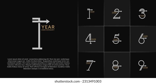 set of anniversary logotype golden and silver color with arrow for special celebration event