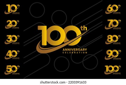 Set of anniversary logotype with golden text. Golden anniversary celebration  design for booklet, leaflet, brochure, poster, web, invitation or greeting card. Vector illustration.