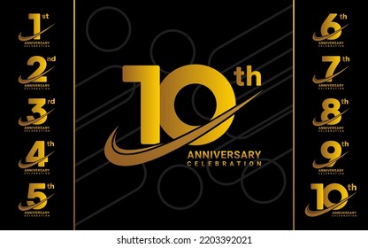 Set of anniversary logotype with golden text. Golden anniversary celebration design for booklet, leaflet, brochure, poster, web, invitation or greeting card. Vector illustration.