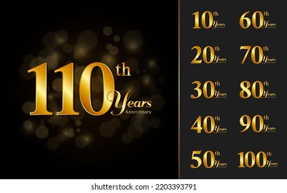 Set of anniversary logotype with golden text. Golden anniversary celebration design for booklet, leaflet, brochure, poster, web, invitation or greeting card. Vector illustration.